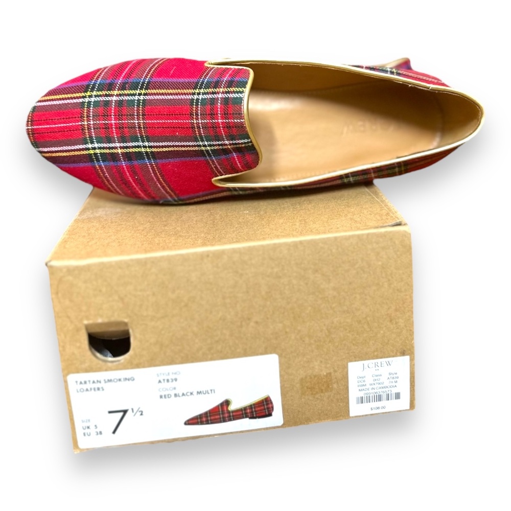 J. Crew Tartan Smoking Loafers Red Plaid Sz 7.5 $108